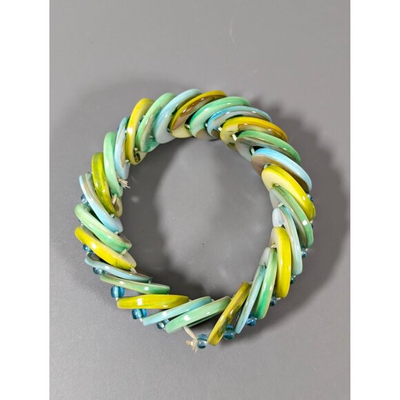 Blue Green Shell Stretch Bracelet Beachy Boho Coastal 7 in - Picture 2 of 7